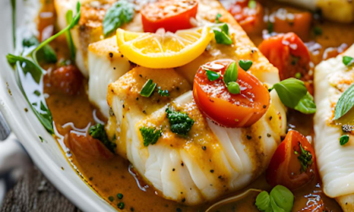 Cabillaud Doré à la Poêle, Nappé d’une Délicieuse Sauce Tomate , Basilic et Vin Blanc